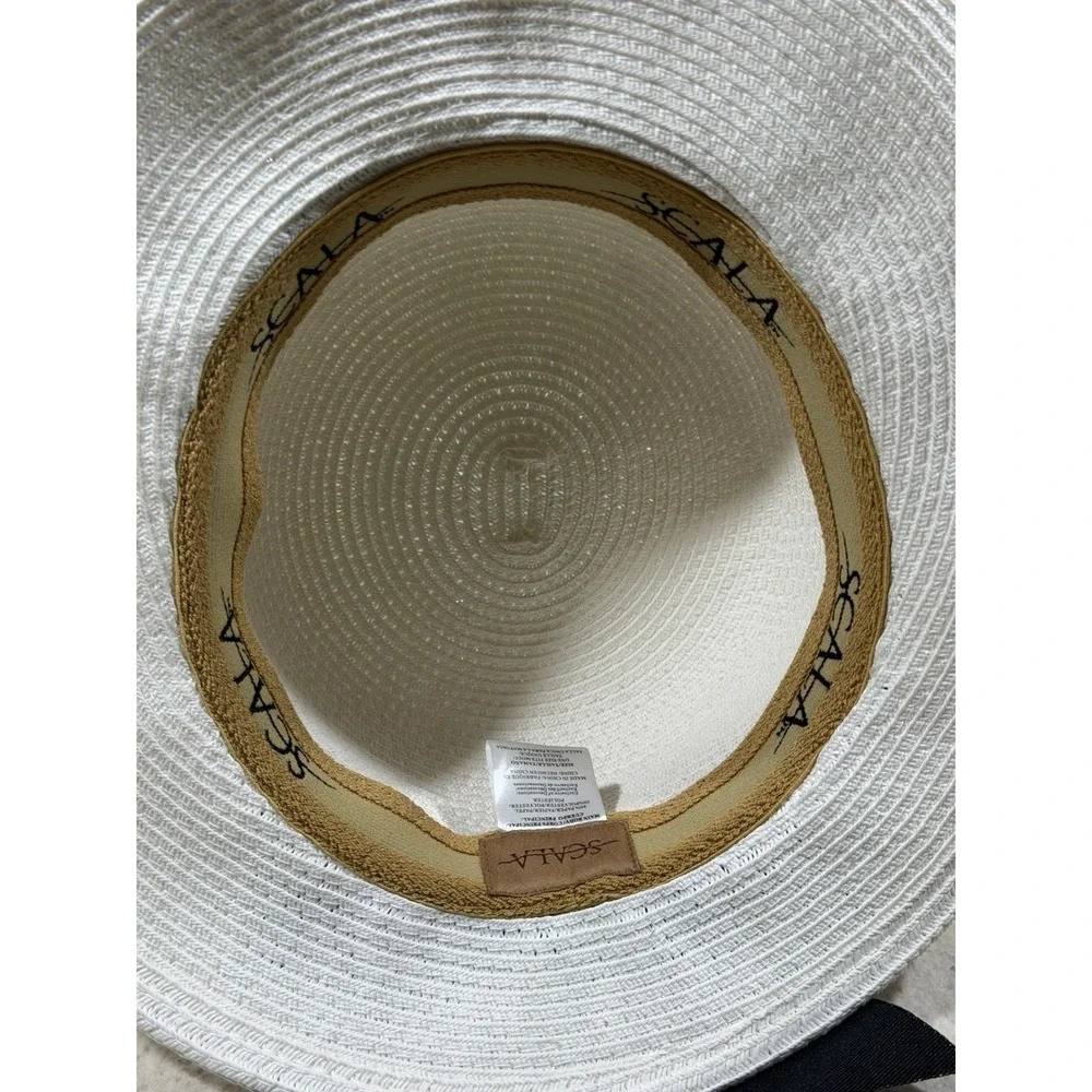 Scala Womens White Wide Brim Sun Hat Black Bow Ribbon Coastal Elegant Derby